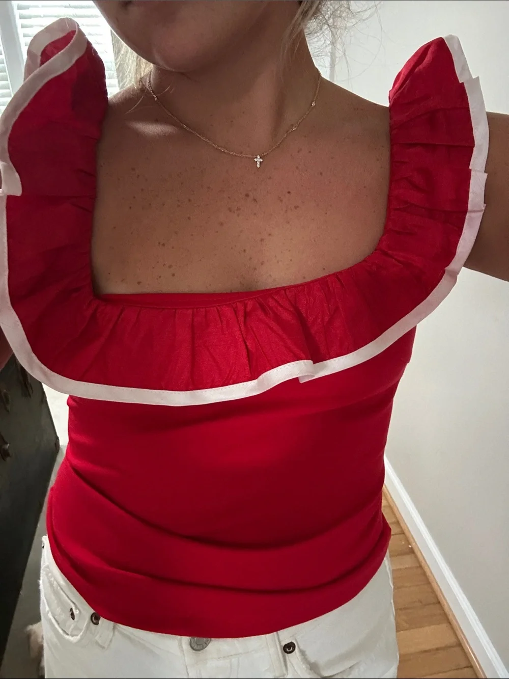 Sunday in Brooklyn from Free People Red Ruffle Square-Neck Tank with White Trim